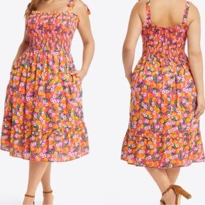 Draper James | Women’s Orange/Pink Kimberly Sleeveless Smocked Midi Dress, sz M